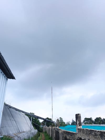 The image displays an outdoor scene in Koipa, Papua New Guinea, under a predominantly overcast sky with light grey clouds. In the left foreground, a section of a building is visible, featuring light blue corrugated metal siding and a dark corrugated roof. Extending from this building is a sloped structure covered in dark grey netting, with a dark pipe running along its upper edge. A narrow, unpaved dirt path leads into the background, separating the netted structure from a weathered concrete wall on the right. This concrete wall exhibits discoloration and features several irregular concrete posts along its top. Behind the concrete wall, a structure covered with a bright blue tarpaulin is discernible. A tall, slender pole, appearing to be made of wood or bamboo, stands vertically in the center-left, topped with a small white tip. Green trees and various vegetation are present in the background and along the path. No individuals or discernible actions are depicted.