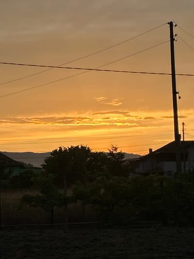 The image depicts a rural landscape at sunset, possibly in Marino Pole, Bulgaria. The sky is a warm gradient of orange and yellow, with streaks of clouds illuminated by the setting sun. Silhouetted against the sky are several power lines supported by a tall wooden utility pole on the right side of the frame. In the middle ground, dark green trees form a dense foliage, partially obscuring houses and rooftops, suggesting a village or settlement. A dark, possibly cultivated field occupies the foreground. The overall impression is one of twilight tranquility in a rural setting.