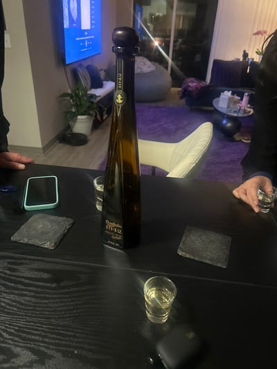 An indoor scene in Marina del Rey, United States, depicts a modern residential living space under low light conditions. In the foreground, a dark textured table holds a tall, amber-colored Don Julio 1942 Tequila bottle centrally. To the left of the bottle, an empty shot glass, a smartphone in a teal case, and a dark slate coaster are present. To the right, a second dark slate coaster is visible. A person's hand, wearing a ring, is visible on the right, holding a shot glass containing a clear liquid. Another partially filled shot glass is positioned in the lower right foreground, near a small black electronic device. On the far left, a person's forearm and hand rest on the table edge.

The background reveals a living area with light gray walls and a plush purple area rug. A large flat-screen television displaying a blue interface is mounted on the far wall. Below it, a white potted plant and a gray beanbag chair are visible. Further right, a dark blue or purple armchair with a patterned throw blanket sits near a small, dark, circular coffee table with various items. A white, modern-style chair is positioned between the foreground table and the living area. Large glass doors or windows reveal a dark exterior with a prominent light source reflecting.