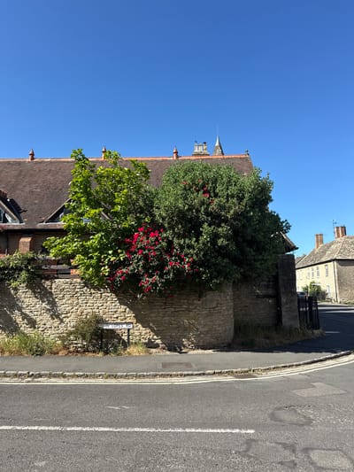 A street scene in West Oxfordshire, United Kingdom features a stone wall with a "John Lopes Rd" street sign. Overhanging the wall is a tree with green leaves and red blossoms. The sky is clear blue, and a road runs along the side of the wall. Some buildings are visible in the background.