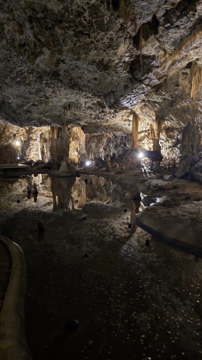 The image depicts the interior of a cave in Vavřinec, Czechia. The scene is a view looking upwards into a cavern with rough, textured rock formations on either side. Stalactites hang from the ceiling and in some areas, wooden beams appear to be embedded in the rock, possibly for structural support or as part of an exhibition.
Artificial lights, some appearing as spotlights, are strategically placed within the cave, illuminating the formations and creating areas of light and shadow. These lights highlight the rugged texture and layered nature of the rock. On the right side of the cavern, the ceiling is darker and dotted with numerous small, bright circular reflections, possibly from coins that have been thrown or affixed to the surface. There are also a few darker, spherical objects attached to this section of the wall.
The overall impression is of a natural cave that has been adapted for public access, likely as a tourist attraction. The lighting suggests it is either perpetually dimly lit or illuminated for viewing at any time. The presence of coins suggests a tradition or belief associated with the location. The image conveys a sense of wonder and exploration of an underground natural environment. No people are visible, nor is any text apparent. The weather and time of day are irrelevant given the enclosed underground setting.