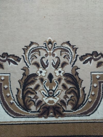 The image displays a close-up, top-down view of a beige carpet section, located in Chimay, Belgium. The carpet features a symmetrical, ornate pattern in dark brown, medium brown, and white/cream, dominating the lower two-thirds of the frame. This pattern consists of stylized floral and foliate motifs. The upper third of the image shows a plain beige carpet surface with a discernible small, reddish-brown speck near the top center. A solid dark brown border, approximately 1-2 cm in width, edged by a thin white line, defines the bottom of the patterned area. The carpet exhibits a short-pile, tufted texture. No individuals, additional objects, actions, or interactions are present.