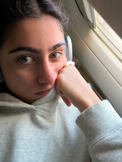 A close-up, angled selfie of a woman with dark hair and light skin is positioned in front of a window of an airplane. She is resting her face on her closed fist, which is partially covered by the sleeve of a light grey sweatshirt. The window has a white frame and multiple panels. The location is not provided in the image, so the information about Meaux, France cannot be confirmed or included.