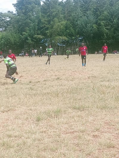 This image depicts an outdoor sports event in Lwandeti ward, Kenya. The scene features multiple individuals on a dry, sparsely grassed field. In the immediate foreground, a male participant wearing a green and black striped jersey, dark shorts, and green-accented athletic shoes is positioned low to the ground, moving from right to left. Behind him and slightly to the left, another male in a red jersey is partially visible.
In the mid-ground, approximately six other male participants are visible. Two individuals in red jerseys are walking or jogging towards the viewer's right; one wears the number "10" on his shorts. Two other individuals in green and black striped jerseys are positioned further left and slightly behind the red-jerseyed players, one appearing to be in mid-air or mid-stride, and the other running further back. Additional individuals are scattered across the mid-ground, engaged in the activity.
The background consists of a dense line of tall green trees, suggesting a boundary or wooded area. Below the treeline, a group of spectators or additional personnel are visible. A rudimentary wooden fence or barrier runs horizontally across a portion of the background, separating the field from the treeline. The lighting indicates daytime conditions.
