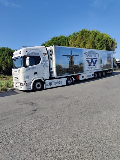 A white Scania truck with the "TRANSWHITE" logo is parked on an asphalt road next to a grassy embankment and a line of trees. The truck's trailer features a large mural depicting a Dutch windmill and a tower, along with the "TRANSWHITE TRANSPORTES" logo and the text "daily departures from Portugal to Netherlands." The truck has "SCANIA SUPER" branding on the cab and a license plate visible on the front bumper. The sky is clear and blue. The scene is set in Barbezieux-Saint-Hilaire, France.