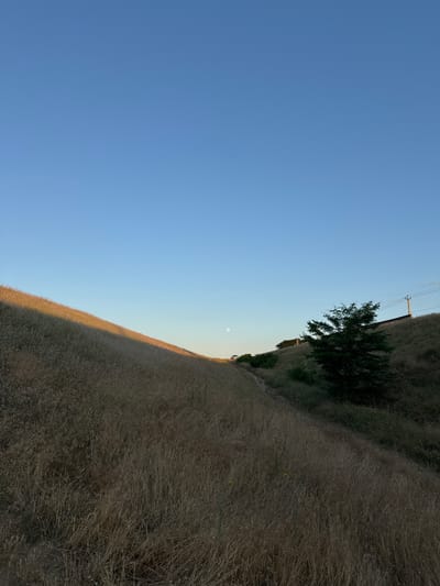 The image depicts a rural landscape under a clear blue sky, likely in Mizhlymanske, Ukraine. A dry, grassy hill slopes upwards from the left foreground towards the upper right. The left side of the hill is illuminated by a low angle of sunlight, creating a distinct shadow line across it. A narrow dirt path winds its way up the hill from the lower left. In the mid-ground, a small white vehicle is visible on the path. Further up the hill on the right, a dark green tree stands out against the dry vegetation. Beyond the tree, a raised embankment or wall is visible, with what appears to be a utility pole and wires running along its crest. A faint moon is visible in the sky to the left of the vehicle. The overall environment is arid, with dominant tones of brown and yellow from the dry grasses and a clear, unsaturated blue sky.