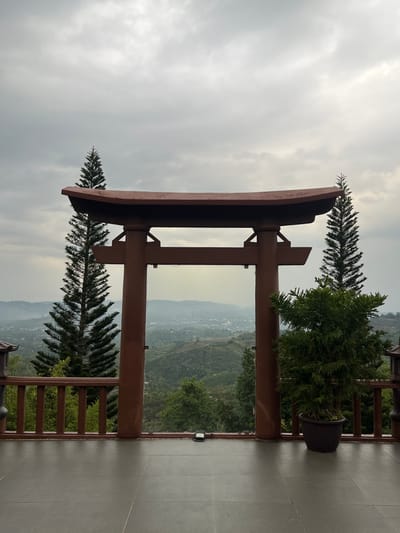The scene, located in Thôn 8, Vietnam, presents an elevated outdoor vista under an overcast sky. A central, reddish-brown Japanese-style torii gate dominates the midground, flanked by two tall, slender evergreen conifer trees that extend above its curved top beam. The foreground consists of a dark grey tiled platform with a reddish-brown wooden railing, where a potted evergreen shrub is placed to the right of the torii's right post. Beyond the gate, a sprawling valley with verdant rolling hills and distant urban development is visible, illuminated by a faint light through the cloudy sky. No individuals or discernible actions are depicted.