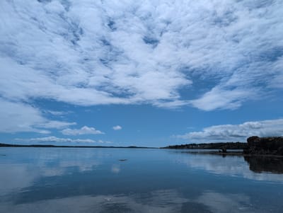 A wide-angle, low-angle shot captures a tranquil scene on the water in West Isles Parish, Canada. The sky, filled with a mosaic of fluffy white clouds against a vibrant blue backdrop, occupies the upper half of the frame. The clouds are dense and textured, with wisps stretching across the expanse. The lower half of the image is dominated by a calm body of water, reflecting the sky and the distant shoreline. The water surface is smooth, with subtle ripples disturbing the reflection. On the far horizon, a low-lying, tree-lined landmass is visible, dotted with a few buildings. To the right, a rugged, dark rock formation juts out into the water, adding a contrasting element to the otherwise serene landscape. There are no people or animals visible in the frame, and no discernible actions or interactions are taking place. The overall impression is one of peaceful natural beauty on a partly cloudy day.