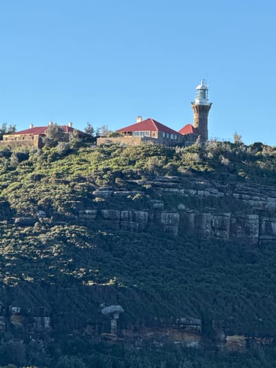 This image captures Barrenjoey Lighthouse, a prominent landmark in Palm Beach, Australia. The lighthouse, constructed from stone, stands tall with a glass lantern room at its apex. It is surrounded by several stone buildings with red tiled roofs, nestled on a lush green hillside overlooking the ocean. The landscape is characterized by rocky outcrops and dense vegetation. The sky is clear and blue, indicating fair weather. The scene is devoid of any people or animals, presenting a serene and architectural view of the location.