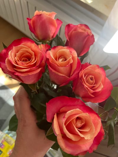A bouquet of six pink and orange roses is held in a person's hand. The roses are in various stages of bloom, with some fully open and others still tightly furled. The petals have a gradient of color, transitioning from a deep pink or red on the outer edges to a soft orange or peach in the center. The leaves are a deep green. The background is softly blurred, with hints of white, gray, and light brown. The lighting suggests it is daytime, with sunlight casting shadows and highlights on the flowers. The image appears to be taken indoors, possibly near a window, given the bright light source. There is no visible text in the image. The overall impression is one of natural beauty and a gentle, perhaps joyful, moment.