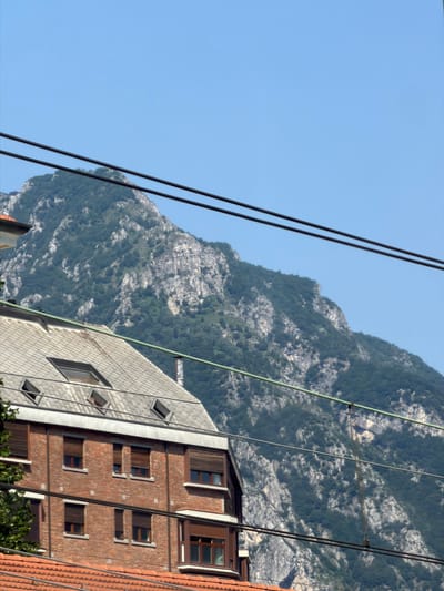 This is a vertical, medium-shot, eye-level, outdoor photograph of a mountain range behind a building in Lecco, Italy. The image is dominated by the clear blue sky which takes up the top half of the frame. Below the sky, several dark wires are strung horizontally across the image.
In the midground, a heavily treed, rocky mountain is visible, its slopes covered in dark green foliage and lighter gray rock formations. The mountain takes up much of the background.
In the foreground, a brick building with a grey, slate-tiled roof is prominent. The building has multiple windows with dark frames, some with wooden shutters. Several dormer windows with diamond-shaped panes are visible on the roof. A portion of another building with a red tile roof is visible at the bottom of the frame. The scene is brightly lit by daylight, suggesting it was taken on a sunny day. The specific location is near the base of the mountain in Lecco, likely in a residential area. No people are visible in the image.