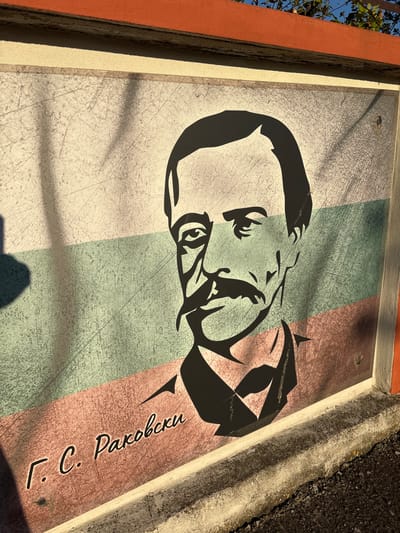 In Enevo, Bulgaria, a mural featuring a black silhouette of a man with a mustache and a suit adorns a wall. The background of the mural is divided into three horizontal stripes, representing the Bulgarian flag: white at the top, green in the middle, and red at the bottom. Below the portrait, the name "Г. С. Раковски" is inscribed in cursive. The mural is set against an outdoor environment, with shadows from overhead foliage cast across its surface. The wall itself appears weathered, with visible scratches and signs of aging. A concrete ledge runs along the bottom of the mural, and asphalt is visible in the foreground. The mural is bordered by an orange-colored frame at the top and a light-colored frame on the right.