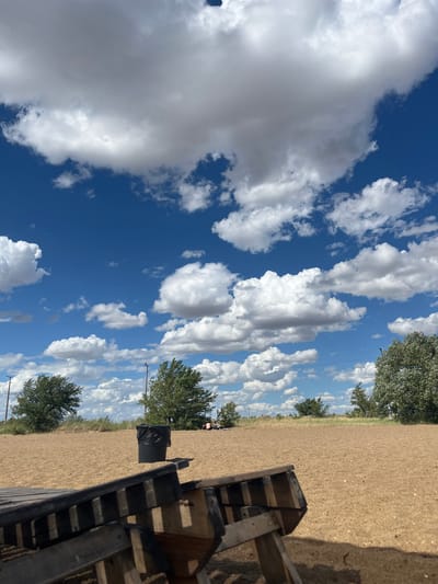 This is a ground-level, eye-level, medium shot photograph taken outdoors under a bright, partly cloudy sky. The scene appears to be an open, sandy area, possibly a field or beach, with a few scattered trees in the background. In the foreground, there are wooden structures, possibly pallets, which are out of focus. Further back, a black trash can with a black plastic liner is visible. Two people are seated in the distance, facing away from the camera, on the sandy ground. The environment suggests a casual, outdoor gathering or resting spot. The location is identified as Gres-2, Kazakhstan.