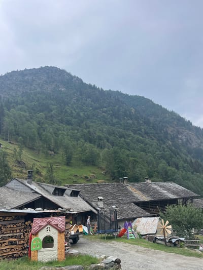 The image depicts a rural scene in Alagna Valsesia, Italy, dominated by a steep, tree-covered mountain under a hazy sky. In the foreground, several rustic stone-roofed buildings are clustered together. To the left, a large pile of neatly stacked firewood is visible. Adjacent to it is a small, brightly colored plastic playhouse. Further to the right, a trampoline and a slide are set up, indicating a play area. A person wearing a light-colored shirt and hat stands near a pickup truck with its bed open, appearing to be engaged in some activity. The ground is a mixture of gravel and grass. The architecture of the buildings, with their stone roofs and wooden elements, suggests a traditional alpine style. The overall atmosphere is one of a quiet, working mountain village or farmstead.