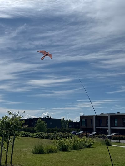 The image depicts a bird-shaped kite flying in a bright blue sky with scattered white clouds, in Tiskre, Estonia. A long, thin dark pole extends from the bottom right corner upwards into the sky, presumably holding the kite string. In the background, a well-maintained green lawn is visible, bordered by lush green bushes and trees. Beyond the greenery, modern residential buildings with dark facades and large windows are situated. Several cars are parked in front of the buildings. The overall scene suggests a pleasant day outdoors, likely in a suburban or residential area.
