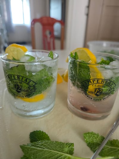 Two glasses of mojito drinks are placed on a white cutting board. Each glass contains ice, mint leaves, lemon slices, and a clear liquid. The glasses have "Imperial Classic 12 Years Premium Scotch Whisky" printed on them. In the background, a red chair is visible, along with a window and part of a room. Several mint leaves are scattered on the cutting board in the foreground. The scene appears to be indoors, in a domestic setting, possibly a kitchen or dining area. The image does not contain any information about the city of Jincheon-eup, South Korea.