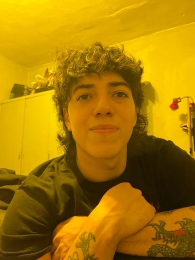 The image is a close-up selfie of a person with curly brown hair. The person is wearing a black long-sleeved shirt. The right arm has a tattoo with a dragon and another tattoo. The lighting is yellow, and the background shows a portion of a room with white cabinets and shelves, with indistinct objects. The location is implied to be Campana, Argentina. There is no specific information within the image to confirm this.