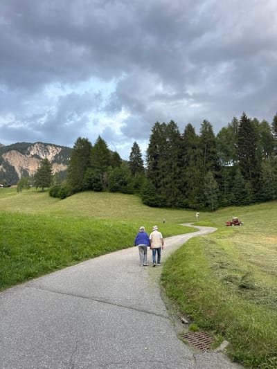 Two people are walking on a paved path in a grassy, mountainous area. The person in front is wearing a light-colored shirt and blue pants, and the person behind is wearing a blue top and grey pants. They are walking away from the camera. In the background, a red lawnmower is on a freshly cut grassy field, with a line of pine trees beyond. A steep, rocky mountain face is visible to the left, with some trees at its base. The sky is overcast and appears to be cloudy. The scene suggests a rural or outdoor recreational setting, possibly a park or hiking trail, in an alpine region. The lighting and cloud cover indicate it may be late afternoon or early evening. There is no visible text in the image.