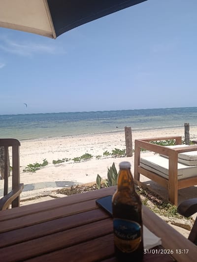 The image captures a beach scene from an elevated, shaded perspective, likely a patio or outdoor seating area, in Matungulu west ward, Kenya. In the immediate foreground, a dark brown wooden slatted table occupies the lower half of the frame. On the table, a brown glass bottle with a silver cap, featuring a blue and white "White Cap" label, stands prominently. To its left, a dark-colored smartphone rests screen-down. A small white napkin is partially visible beneath the bottle. The bottom right corner displays a timestamp: "31/01/2026 13:17." Overhead in the top-left, the underside of a white and dark blue/black patio umbrella provides shade.
Beyond the table, a wooden structure, possibly a chair or armrest, is visible on the left. To the right, a light-colored wooden lounge chair with white cushions faces the ocean. Sparse green vegetation, including succulents and ground cover, grows between the patio and the sandy beach. A light-colored wooden post stands vertically in the midground, separating the immediate foreground from the beach.
The middle ground features a wide, light beige sandy beach extending horizontally. The ocean beyond the beach is a clear blue-green, with gentle waves visible further out. In the distant left of the ocean, a kitesurfer is visible, with a large dark kite suspended in the sky and a person on a board in the water. Closer to the shore, near the wooden post, a dark, indistinct figure is partially submerged in the water. The sky above is clear and light blue, with minimal cloud cover.
