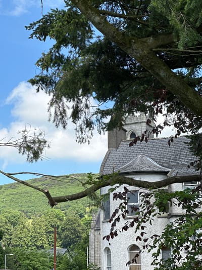 This media file is an outdoor photograph with a notable orientation distortion, appearing sideways. The scene depicts a building with a grey, tiled roof and pale, textured walls, punctuated by several windows, some of which are arched. A prominent tree with dark green foliage and a thick, moss-covered trunk dominates the left side of the frame. Its branches extend across the image, partially obscuring the building and framing the sky. Some of the tree's leaves are a deep red, suggesting a possible autumn season or a specific type of tree.
In the background, a lush, green hillside rises, covered in dense vegetation. The sky is a bright blue with scattered white clouds. The overall impression is one of a natural landscape with a man-made structure nestled within it. The lighting suggests it is daytime, likely midday or early afternoon, with clear weather. The image appears to capture a quiet, perhaps serene, moment in a rural or semi-rural setting. There is no visible text in the image. The building's architecture, with its arched windows and stone or brickwork visible in some sections, hints at a possible historical or religious significance, such as a church or old manor. The presence of the mature trees and the verdant landscape points towards a temperate climate.
