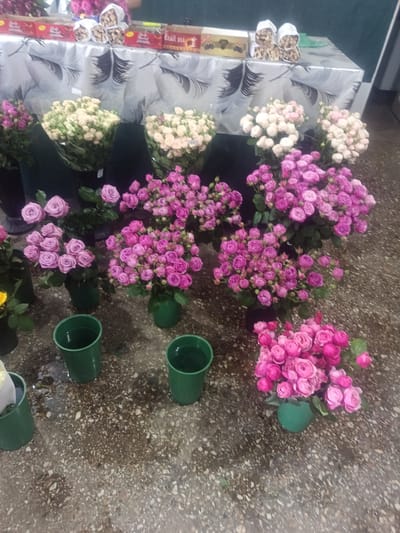 The image depicts an outdoor market stall displaying a variety of flowers, primarily roses. The flowers are arranged in bouquets and in buckets, with some buckets filled with water. The roses vary in color, including shades of pink, white, and purple. The ground is made of concrete with a speckled pattern, and appears wet, suggesting recent watering or rain. In the background, there is a table covered with a tablecloth featuring a feather pattern. On the table, there are boxes and what appear to be decorative items. No individuals are clearly visible in the scene, though there are hints of a person in the upper background. The overall impression is of a flower vendor at a market. The location is identified as Nor Hachin, Armenia.