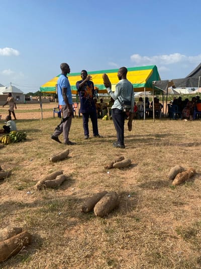 An outdoor scene in Itobe, Nigeria, depicts an open field under a clear blue sky, likely a market or community event. In the foreground, three adult males are interacting. The man on the left wears a blue short-sleeved shirt and brown trousers, facing the center man. The man in the center wears a dark blue short-sleeved shirt with multi-colored splatters and dark trousers, gesturing with his right hand towards the man on the right. The man on the right wears a light blue long-sleeved shirt, dark trousers, and a shoulder bag; he holds a large, brown, elongated yam in each hand, appearing to be presenting or examining them.
Numerous large, brown, irregular-shaped yams are scattered across the dry, reddish-brown dirt ground with sparse dead grass in the foreground and mid-ground. To the left mid-ground, a large pile of green bananas or plantains rests on the ground next to a seated child.
In the background, a yellow and green striped tent provides shade, under which several blue plastic chairs are visible, with multiple individuals seated. To the right of the striped tent is another dark-colored tent, also sheltering seated people. Further in the background on the far left, simple, light-colored single-story buildings are visible, and a woman in a light-colored dress walks past. The overall impression is a bustling outdoor gathering centered around agricultural produce.