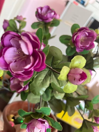 A close-up image depicts an artificial flowering plant in an indoor setting in Kyez, Russia. The plant, positioned centrally, features multiple clusters of small, fabric-based flowers. The dominant flower color is a deep magenta or purple, with some showing lighter pink hues, particularly towards their centers, and visible yellow stamens. Several flower buds are present, displaying lighter pink petals encased by yellowish-green sepals. The foliage consists of numerous small, oval, dark green fabric leaves. The plant is contained within a visible section of a terracotta-colored pot, located in the lower left of the frame. The background is heavily blurred, revealing indistinct light-colored surfaces, potentially walls or furniture, and vague shapes, including a yellow object on the lower right and several light-colored rectangular objects towards the upper right. No individuals are present, and no discernable actions or interactions are occurring.