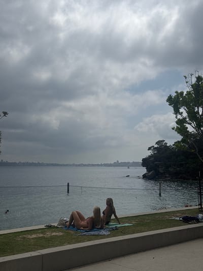 The scene depicts Parsley Bay Reserve in Vaucluse, Australia, under an overcast sky featuring dense grey clouds with a small segment of blue sky visible in the upper right. A calm, dark-toned body of water, consistent with Sydney Harbour, occupies the midground, with a distant urban skyline discernible across the water. A netted swimming enclosure, delineated by vertical wooden posts and a visible mesh barrier, is present in the water.

On a grassy bank adjacent to the water, two blonde-haired individuals are observed. One individual is lying prone on a blue towel or mat, dressed in a light-colored bikini. The second individual is seated upright on a light green mat, wearing a dark bikini, oriented towards the left. Personal items including a light-colored bag, dark flip-flops, and dark clothing are situated near these individuals. In the far-left section of the water, a third individual is partially submerged and appears to be swimming.

The right side of the image features a rocky headland densely covered with green trees and foliage, extending into the water. A concrete structure or path borders the immediate foreground.