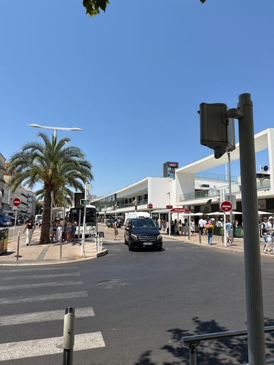 In Vallauris, France, on a clear day, a black Mercedes-Benz van is captured driving through an intersection. Pedestrians are visible on the sidewalk, some waiting by a bus stop, others walking. A bus is parked at the bus stop. A palm tree stands prominently on the sidewalk. The background features a modern building complex with white architectural elements and shops, including a McDonald's. Traffic lights and street signs are present. The scene is set on a street with a marked crosswalk.