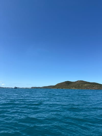 The image displays a clear blue sky occupying the upper approximately 55% of the frame, devoid of clouds. Below the horizon, approximately 45% of the frame is filled with deep teal-blue ocean water, exhibiting widespread ripples indicative of a slight chop.
Along the distant horizon, a landmass stretches across the lower portion. On the left, this landmass presents a developed coastline featuring human infrastructure. A dark, large vessel, likely a cargo ship or tanker, is distinctly visible in this segment. To its left, fainter, lighter-colored structures consistent with port buildings or industrial facilities are discernible.
To the right of the developed area, the landmass transitions into a prominent, undulating hill or series of hills. This section is heavily vegetated with dense, dark green and brown foliage, indicating a natural, undeveloped landscape characteristic of tropical or sub-tropical bushland.
The scene is under bright, outdoor daylight conditions. No individuals or overt actions are observable. The image provides a maritime perspective looking towards the coastline of Nouméa, New Caledonia, encompassing both its port facilities on the left and natural, hilly terrain on the right.