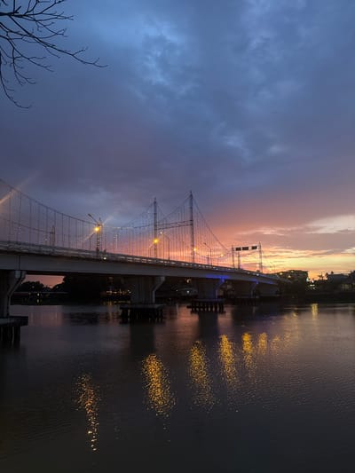 This is a vertical, landscape-oriented photograph of a cable-stayed bridge illuminated with lights over a body of water at dusk. The sky is a dramatic mix of deep blues and grays on the left, transitioning to soft oranges, pinks, and yellows towards the right horizon, indicating sunset. Wispy clouds are visible across the sky. The bridge itself is a prominent feature, adorned with strings of small, white and blue lights along its cables and structure, creating a festive appearance. Yellow lights from the bridge and distant structures reflect on the rippling surface of the water, creating shimmering patterns.
The scene captures a serene yet lively atmosphere as the day transitions into night. The bridge appears to be a significant piece of infrastructure, possibly a landmark in Surat Thani City Municipality, Thailand, as suggested by the location context. There are hints of buildings and palm trees on the far bank of the water, further placing the scene in a tropical or subtropical region. In the lower left corner, the silhouetted branches of a bare tree add a touch of natural contrast to the man-made structures. The overall mood is peaceful and visually appealing, highlighting the beauty of the bridge and its surroundings at twilight. No discernible text is visible in the image.