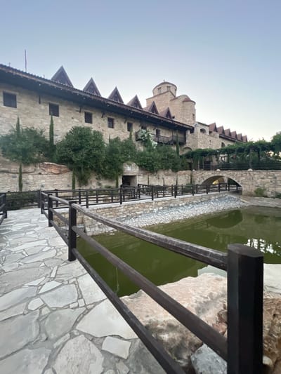 This image depicts the exterior of a historic stone building, likely a castle or monastery, in Kolossi, Cyprus. The building features multiple levels with arched windows, red-tiled roofs with triangular gables, and wooden balconies. Greenery, including trees and climbing vines, is integrated into the architecture, adding to the rustic charm. Adjacent to the building is a water feature, possibly a pond or canal, with its surface reflecting the surrounding stone and greenery. A dark metal railing runs along the edge of the water feature and the stone-paved pathway, suggesting a public or accessible area. The stone construction and architectural style evoke a sense of history and permanence. The sky is a pale, clear blue, indicating daytime, and the lighting suggests it might be late afternoon or early morning due to the soft light. There are no people visible in the image. The overall impression is one of tranquility and historical significance.