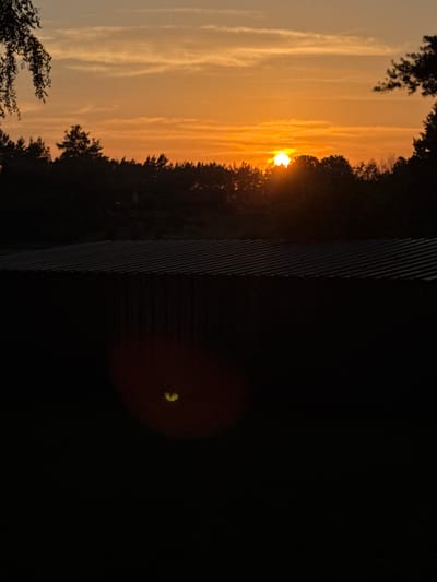 A sunset is depicted over a wooded area. The sun is a bright orange orb positioned low in the sky, with wispy clouds streaked across the horizon. Silhouetted trees form a dark band across the middle ground. In the foreground, a dark, corrugated surface, possibly a roof or wall, extends horizontally. Below this surface, in the lower portion of the image, a faint, glowing yellow object with a heart-like shape is visible, set against a dark background with a reddish-orange lens flare. The scene appears to be an outdoor setting in the vicinity of Kierwik, Poland, given the mention of the city.
