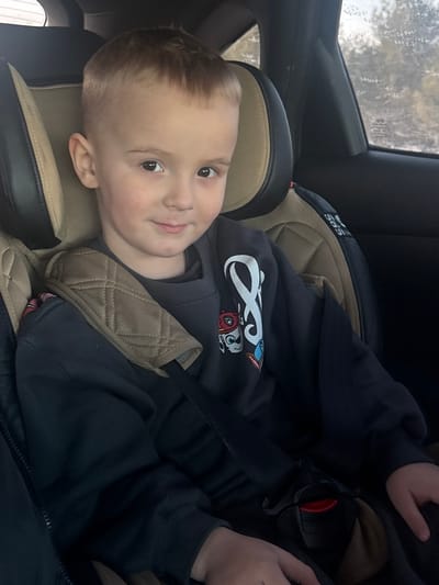 A young male child, approximately 3-5 years old, is positioned in a tan and black automotive child safety seat within the rear passenger compartment of a vehicle in Vakhrino, Russia. The child is secured by a black three-point seatbelt system, which includes a tan quilted shoulder pad. He wears a dark blue long-sleeved sweatshirt featuring multiple cartoon dog characters and a large white stylized 'S' or similar graphic on the chest. The child has short, light brown hair and is looking directly forward towards the camera with a subtle smile. The vehicle's interior is dark-toned, and an indistinct, light-colored exterior environment is visible through the blurred rear passenger window.