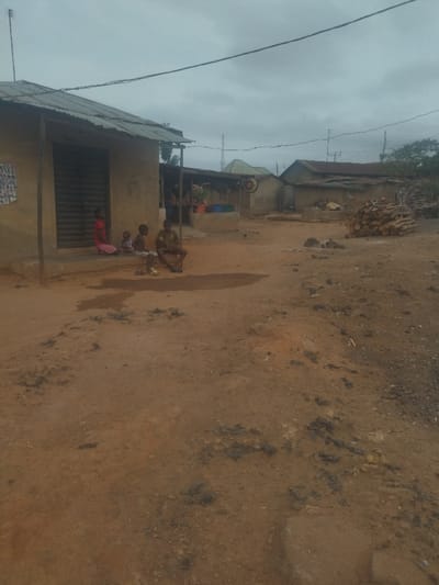 The image shows four children sitting on the dirt ground in front of a mud brick building in Junction, Nigeria. The building is made of clay and has a corrugated metal roof. The children are all wearing casual clothing. There are several other buildings in the background, as well as a pile of logs and a small amount of trash on the ground. The sky is overcast and grey.  The location is a rural area.