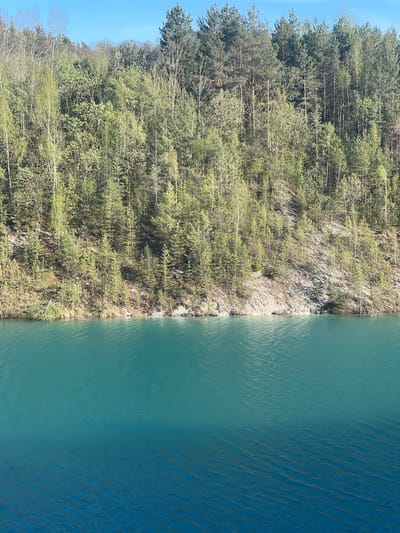 The image depicts a body of water, likely a lake or reservoir, bordering a forested area. The trees are a mix of deciduous and coniferous species, displaying early spring foliage. The shoreline is rocky, with a transition zone of sparse vegetation. The water surface shows subtle ripples and a variation in color, suggesting depth and light reflection. The location is likely Краснасельскі сельскі Савет, Belarus.