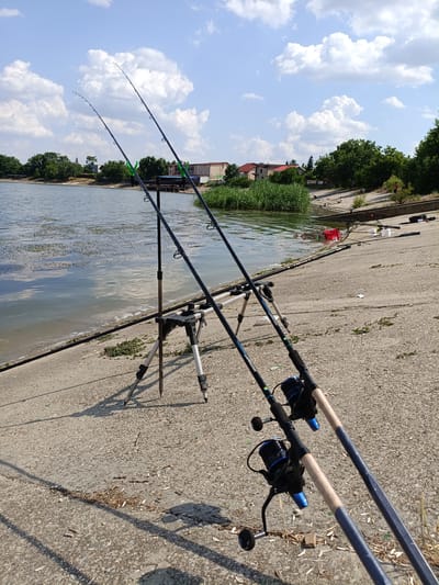 In Mihăilești, Romania, two fishing rods with reels are positioned on a concrete embankment next to a body of water under a partly cloudy sky. The rods are dark blue with green accents on the tip guides and are supported by a tripod stand. The water's surface is calm and reflects the sky, with some sparse vegetation growing in it. Across the water, a line of trees and buildings is visible, including some houses with red roofs and a taller, light-colored building. Further along the embankment, other fishing equipment, including what appears to be a red bucket and more fishing rods, are set up. In the background, a few individuals are present near the water's edge. The concrete surface in the foreground is textured and shows signs of wear, with scattered debris like leaves and twigs.