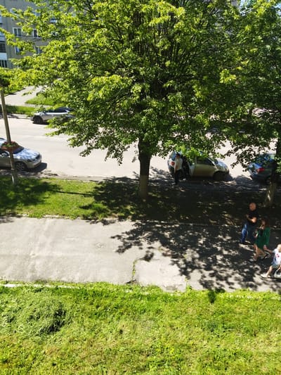 This aerial photograph, taken in the city of Dolyna, Ukraine, depicts a residential street scene on a sunny day, likely in late spring or summer. A prominent tree with lush green foliage dominates the foreground, casting dappled shadows onto a paved sidewalk and an adjacent grassy area. Several parked cars are visible on the street.
In the middle ground, a group of three people are standing near a light-colored car with its door open. They appear to be engaged in conversation or unloading items. Further down the street, another car is parked.
In the lower right portion of the image, three individuals, two adults and a child, are walking along the sidewalk. The adult male is wearing a dark shirt and blue jeans, while the adult female is in a green dress. The child, holding hands with the woman, is wearing a white t-shirt and shorts. A large pile of freshly cut grass is present on the grassy verge between the sidewalk and the road. The background reveals a multi-story building, characteristic of urban residential areas.