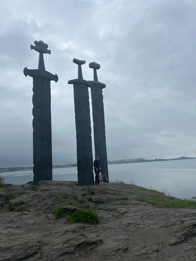 The image features the iconic "Swords in Rock" monument in Stavanger, Norway. Three large bronze swords are dramatically planted in a rocky hillside, commemorating a historical battle. The swords are depicted with their hilts pointing upwards, resembling tree trunks from a distance. The monument is set against a backdrop of a calm, grey sea and a hazy, overcast sky, suggesting a cool, possibly damp day. The rocky terrain of the hill is rugged, with patches of green grass growing in the crevices.
In the foreground, to the right of the swords and slightly behind them, a person is seated on the edge of the rocky outcrop, with a dog lying beside them. The person appears to be resting or observing the view. The overall mood is serene and contemplative, with the imposing monument serving as a stoic sentinel over the landscape. The setting is outdoors, at a scenic viewpoint overlooking the water. No visible text is present in the image. The time of day is indeterminate due to the overcast conditions.