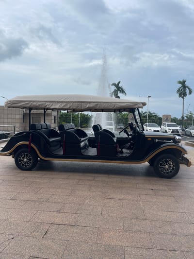 The image displays a black and gold electric shuttle or golf cart parked on a paved surface, viewed from its left side. The vehicle features a multi-seat configuration, with at least four rows of black seats visible. A beige canopy covers the passenger area. Red velvet ropes, similar to those used for crowd control, hang from the side of the vehicle. The wheels have distinctive silver and black alloy rims.

In the background, a water fountain sprays water high into the air, partially obscured by the vehicle's canopy. Several tall palm trees are scattered across the scene, indicating a tropical environment. Behind a metal fence, multiple white cars, likely SUVs, are parked. Further back, modern buildings with light-colored facades are visible. The ground is paved with rectangular, speckled brownish-grey tiles. The sky above is overcast with light grey clouds.

The scene depicts a calm daytime setting, likely a resort, hotel, or a well-maintained public area in Malabo, Equatorial Guinea, given the location context and tropical elements. There is no discernible activity taking place, and no people are visible. No text is visible in the image.