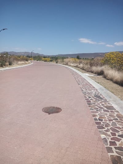 The image displays an unpopulated outdoor scene in La Venta, Mexico, under bright daylight. A reddish-brown paved road, textured with a repeating pattern, curves gently to the right as it recedes into the distance. A circular, textured cast-iron manhole cover is visible on the road surface in the foreground. To the right of the road, a decorative border or median composed of irregularly shaped, multi-toned stone fragments is set into a concrete strip, bordered by a light gray concrete curb. Beyond the curb, the environment features dry, yellowish-brown grasses and sparse vegetation, including some green foliage and a tree with yellow blossoms on the right side. Several modern streetlights with dark, curved fixtures are positioned along the left side of the road. A range of mountains or hills is visible on the horizon beneath a clear blue sky with a few scattered white cumulus clouds. No individuals, vehicles, or animals are present.