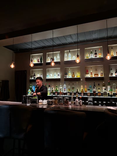 A bartender in a black shirt stands behind a bar, focused on preparing a drink. Behind him is a well-lit display of liquor bottles arranged in illuminated cubbies. Several hanging Edison-style light bulbs add to the ambiance. The setting appears to be a dimly lit bar or lounge.