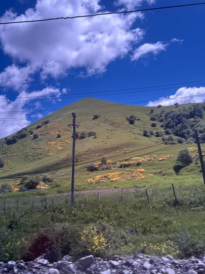 The image captures a vast, green hillside in Kumlistsikhe, Georgia, under a bright blue sky dotted with white clouds. The hillside is sparsely dotted with dark green shrubs and patches of yellow wildflowers, creating a natural, verdant landscape. A single, tall wooden utility pole stands prominently on the slope, supporting electrical wires that stretch across the frame. In the foreground, a wire fence delineates a grassy area with more scattered yellow flowers, and a rocky, textured surface of pebbles and stones occupies the very bottom of the image. The overall scene depicts a rural, natural setting with evidence of human infrastructure in the form of the utility pole and wires.