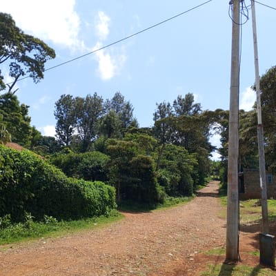 The image depicts a dirt road winding through a rural landscape in Mweiga, Kenya. Lush green vegetation, including trees and bushes, lines both sides of the road. A utility pole stands on the right side of the road, with visible wiring overhead. The sky is blue with scattered clouds. A building can be seen on the right side of the road. The road surface is reddish-brown and uneven. No people or animals are visible.
