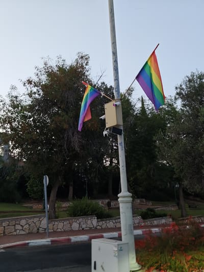 The image depicts two rainbow flags, symbols of LGBTQ+ pride, fluttering from a light pole. The pole is situated in a park-like setting, with lush green trees and foliage surrounding it. In the foreground, a paved road with red and white curb markings is visible. A low stone wall separates the road from the park area, which features manicured lawns and some scattered benches. The sky above is a pale blue, suggesting either early morning or late afternoon. The scene appears to be in Matan, Israel.