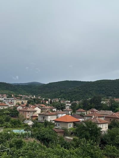 The image captures a panoramic view of the town of Bratsigovo, Bulgaria, nestled at the base of a heavily forested mountain under an overcast sky. The scene is depicted from an elevated perspective, looking down upon the settlement.
In the upper portion of the frame, a light grey, cloudy sky dominates, suggesting an overcast day with soft, diffused light. Below the sky, a large, verdant mountain stretches across the mid-ground, its slopes densely covered with dark green trees and foliage, indicating a lush, natural environment. The mountain appears steep and extends across the length of the image.
At the base of this mountain, the town unfolds, characterized by numerous houses with distinct terracotta or reddish-brown tiled roofs. The buildings exhibit a variety of architectural styles and colors, with many featuring light-colored facades in shades of white, cream, or pale yellow, while others are painted in more subdued or earthy tones. Green trees and other vegetation are interspersed among the houses, adding to the verdant feel of the landscape. The houses appear to be built on terraced slopes, following the contours of the hill.
No people are visible in the image, and no specific activities are taking place; it is a static landscape view. There is no discernible text. The overall impression is one of a peaceful, traditional town situated harmoniously within its natural, mountainous surroundings.