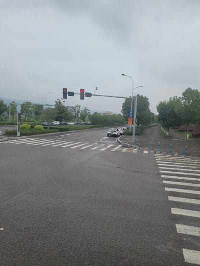 This image captures a street scene in Yufengshan, China, on an overcast day, likely in the late morning or early afternoon, given the diffused lighting and lack of strong shadows. The perspective is from a slightly elevated position, looking down a paved road with a prominent crosswalk in the foreground. The road appears wet, suggesting recent rain or a humid environment.

Several objects are visible: a traffic light with a red signal illuminated, indicating that vehicles should stop. Another traffic light further down the road also shows a red light and a downward-pointing arrow. Numerous cars are parked along the side of the road, interspersed with lush green trees and bushes, creating a natural backdrop. Blue and white traffic cones are placed along the edge of the crosswalk. A street sign with Chinese characters is mounted on a pole near the traffic light. The overall atmosphere is quiet and still, with no people actively engaged in any activity within the frame. The cloudy sky and muted colors contribute to a subdued mood.