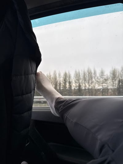 The image depicts a person's foot, clad in a white sock, resting on the interior window ledge of a vehicle, likely during travel. The leg, partially covered by light gray fabric, is positioned in a relaxed manner. In the foreground, a dark, quilted jacket or blanket is visible, suggesting comfort or protection from cold.
Through the window, a bright, overcast sky dominates the view, with faint water droplets or condensation visible on the glass surface. Below the sky, a dense line of blurred conifer trees indicates a wooded landscape, possibly seen from a moving vehicle. The diffuse lighting suggests an overcast day, without direct sunlight.
The overall scene conveys a sense of quiet travel and repose. Faint, mirrored text, likely a manufacturer's mark or safety standard, can be seen on the upper left corner of the window, including characters such as "AAA BUH" and "01.110-V03.V02". Given the location context of Pokrovskoye, Russia, the coniferous trees and overcast weather align with the region's climate.