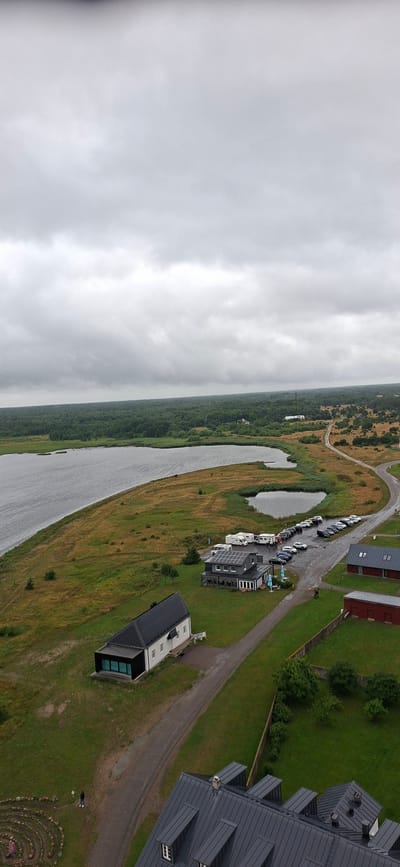 An aerial, vertical, medium shot captures an overcast day in Sääre, Estonia. The scene depicts a coastal landscape with a large body of water on the left, bordered by grassy terrain and a dense forest in the distance. Several buildings are visible, including a long, white structure with a black roof and a modern, dark building with solar panels. A parking lot with numerous vehicles, including cars and camper vans, is situated near the modern building. A road winds through the scene, connecting the buildings and parking area. A person is standing on a path near a circular stone maze. The overall atmosphere is serene and natural, with a hint of human activity in the form of buildings and vehicles.