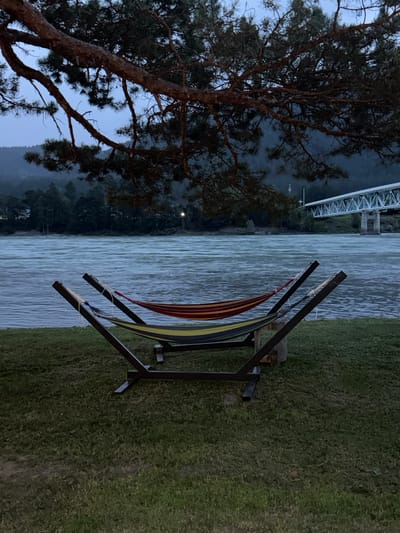 This image depicts an outdoor scene by a body of water, likely a river, given the context of Ust-Sema, Russia. The time of day appears to be late evening or twilight, as the sky is a muted blue and the lighting is dim, with a faint glow suggesting a street light or moon in the distance. The weather seems overcast or damp, contributing to the subdued atmosphere.
The foreground features a grassy area with a hammock stand holding two hammocks. One hammock is visible, displaying a colorful striped pattern of red, yellow, and black. The other hammock is mostly obscured, but its colors appear similar. The hammock stand is made of dark metal and has a sturdy, geometric design.
To the left of the hammocks, a large pine tree with a textured, reddish-brown trunk and dark green needles dominates the frame. Its branches extend outwards, partially obscuring the background.
In the background, the water stretches across the mid-ground, appearing rippled and reflecting the dim light. Across the water, a forest of dark trees lines the bank, and beyond that, a large white bridge with a lattice structure spans the river. The bridge is illuminated, providing a stark contrast to the darker surroundings. The overall mood of the image is peaceful and serene, with a hint of melancholy due to the fading light and the quiet setting. No people are visible, and no text is present in the image.